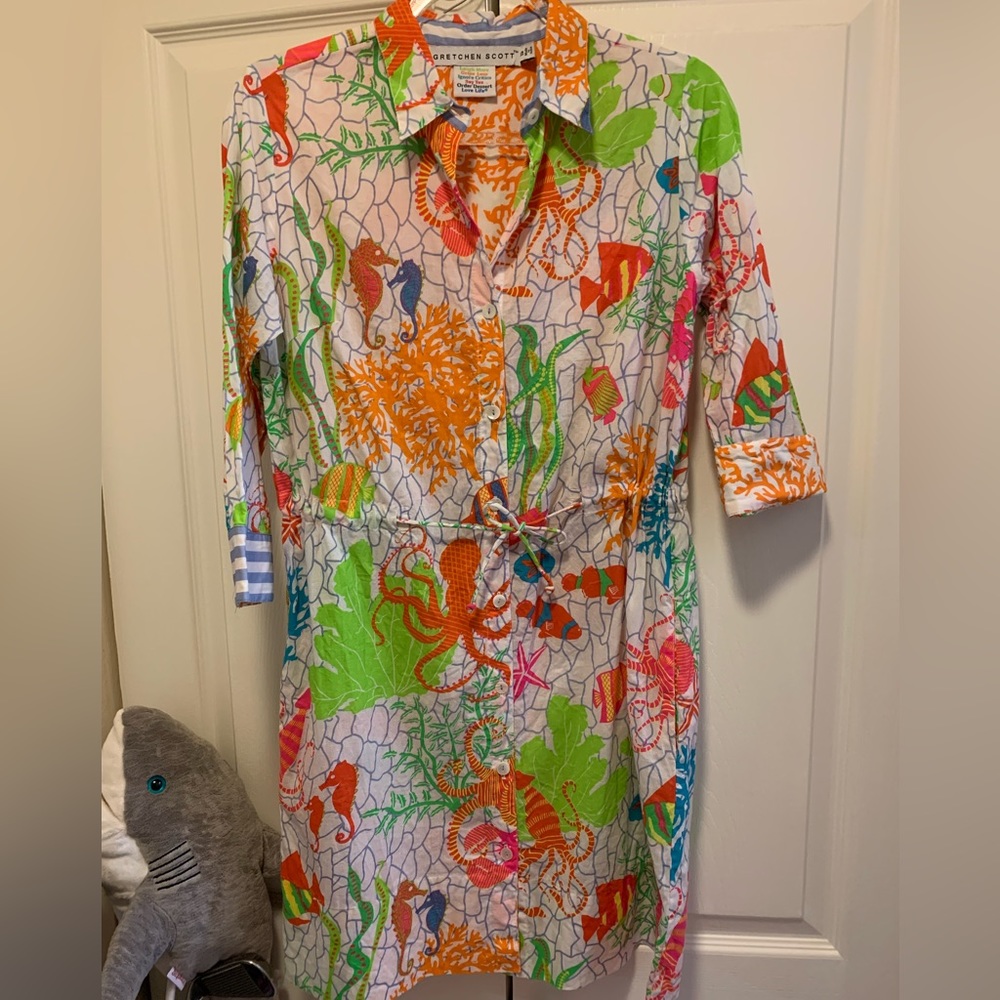 Gretchen Scott Pulley Dress Sea Life orange and Lime green Size S 100% Cotton